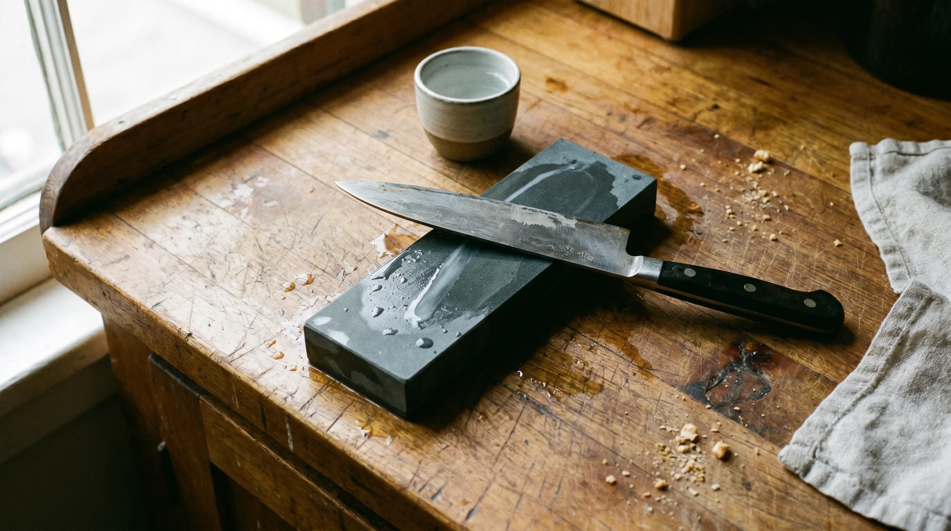 chef's knife resting on wet whetstone ready for sharpening