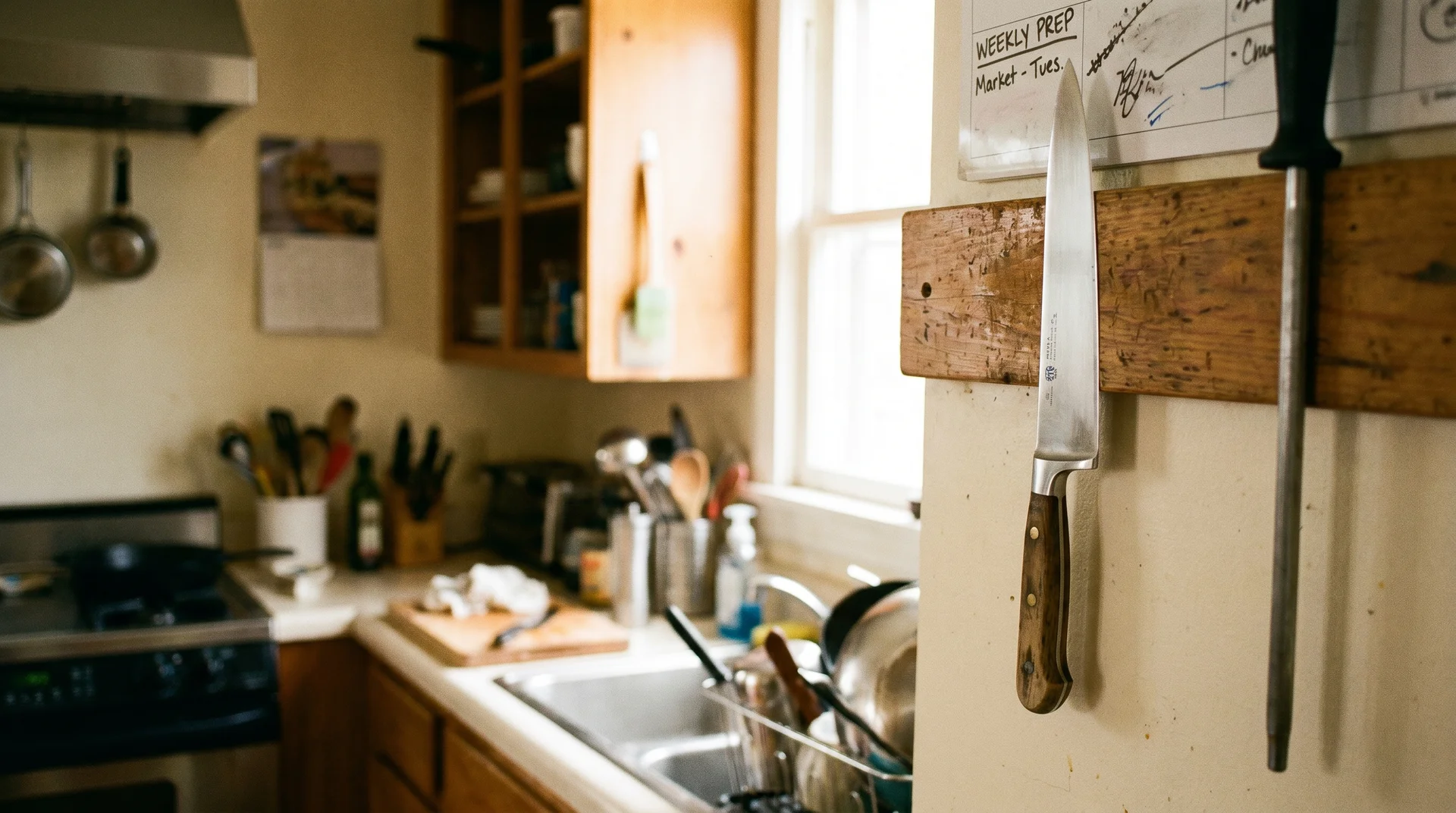 chef's knife stored on magnetic strip as part of a knife maintenance routine