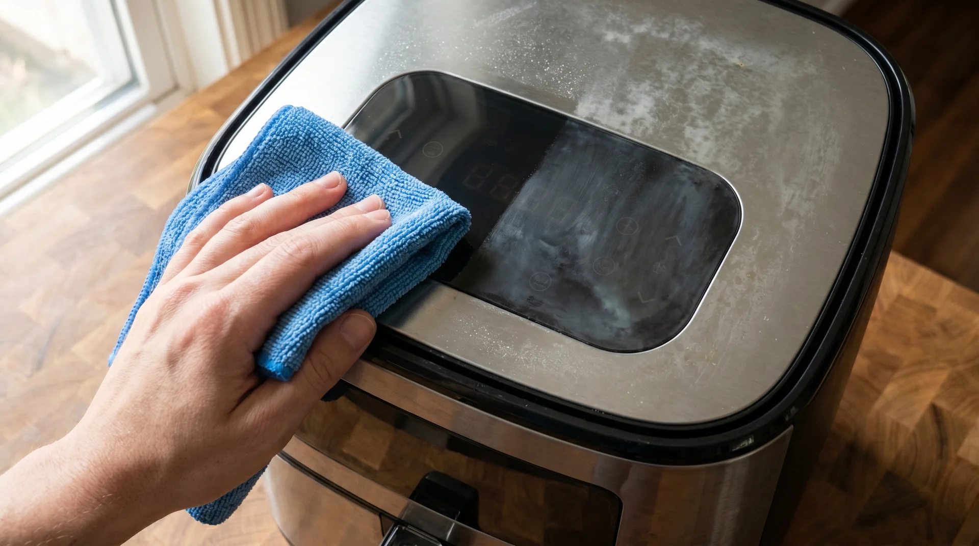 cleaning air fryer touchscreen control panel with microfibre cloth to fix unresponsive power button