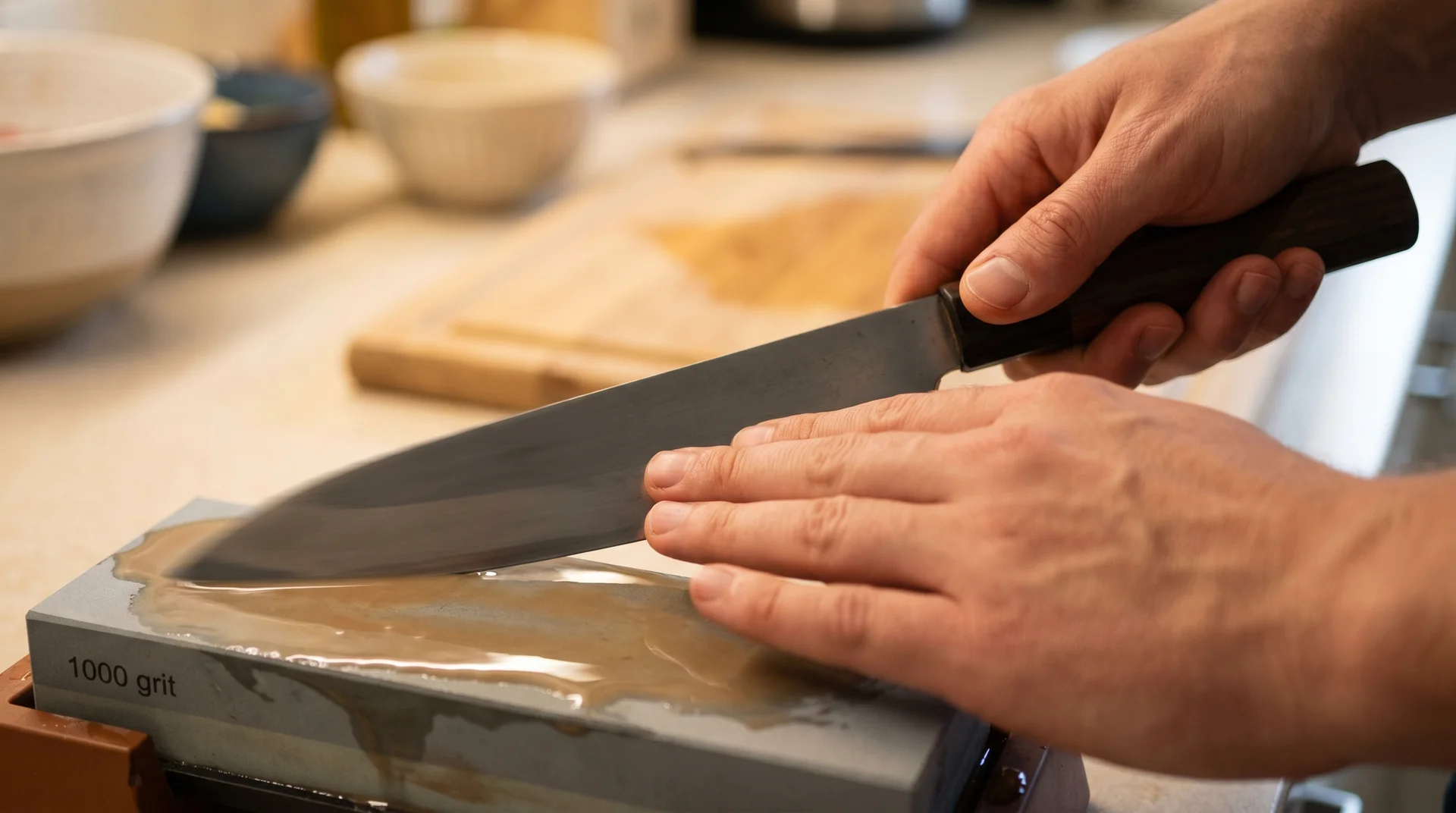 correct hand position and stroke technique for sharpening a knife on a whetstone