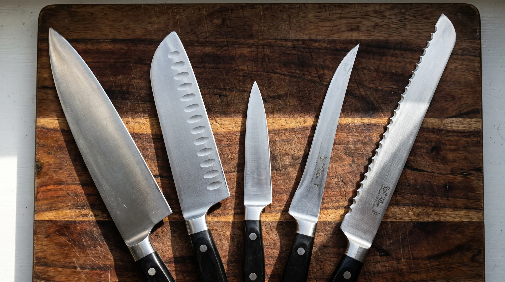 five kitchen knife types showing chef knife santoku paring boning and bread knife