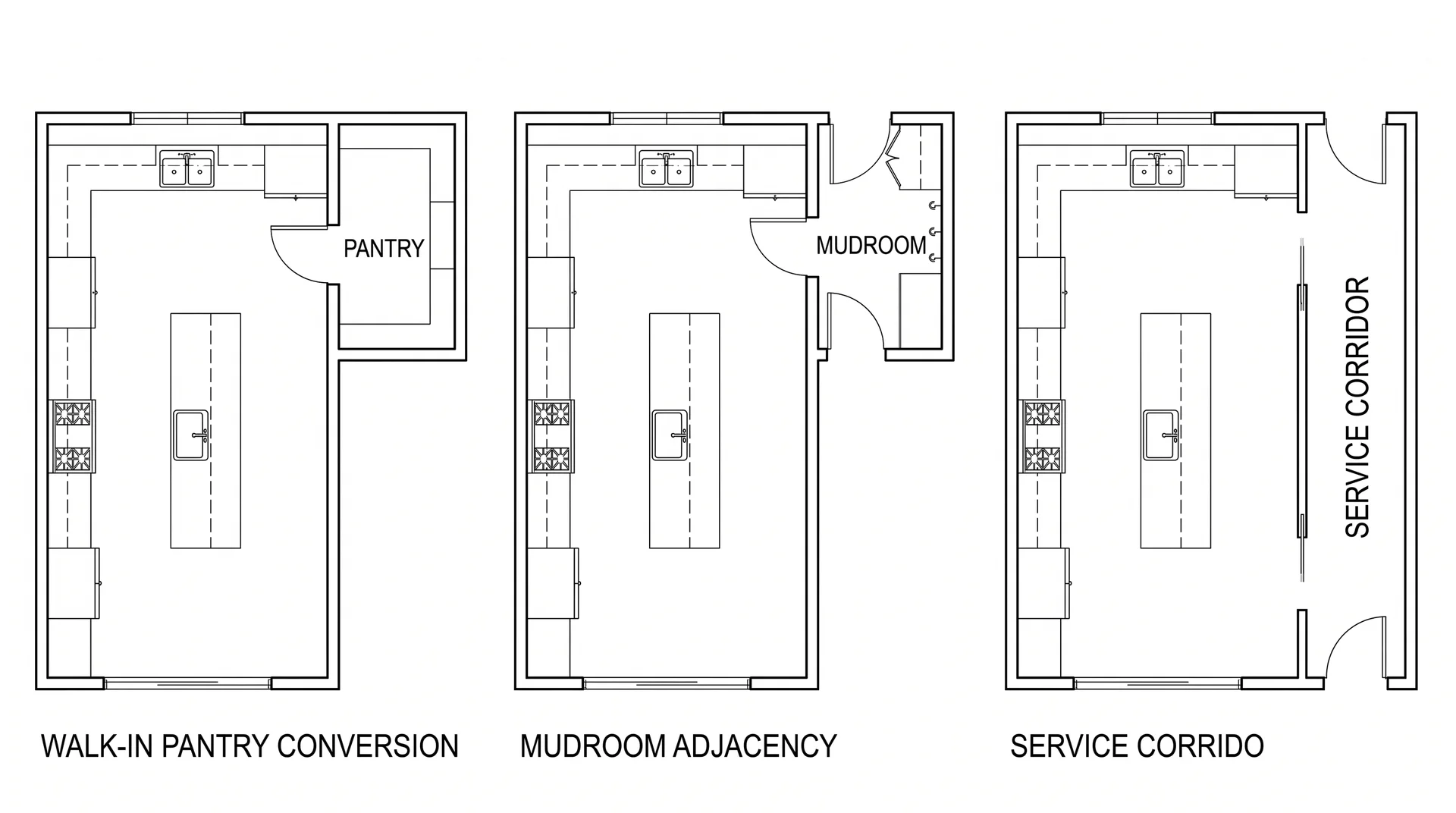 floor plan showing three viable scullery locations adjacent to an existing kitchen layout