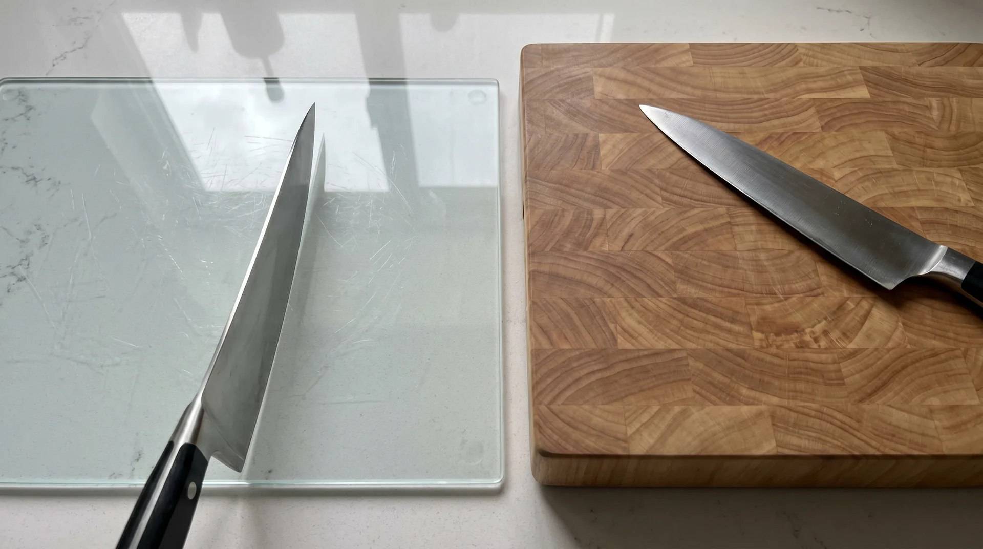 glass cutting board vs end-grain wood cutting board effect on knife edge