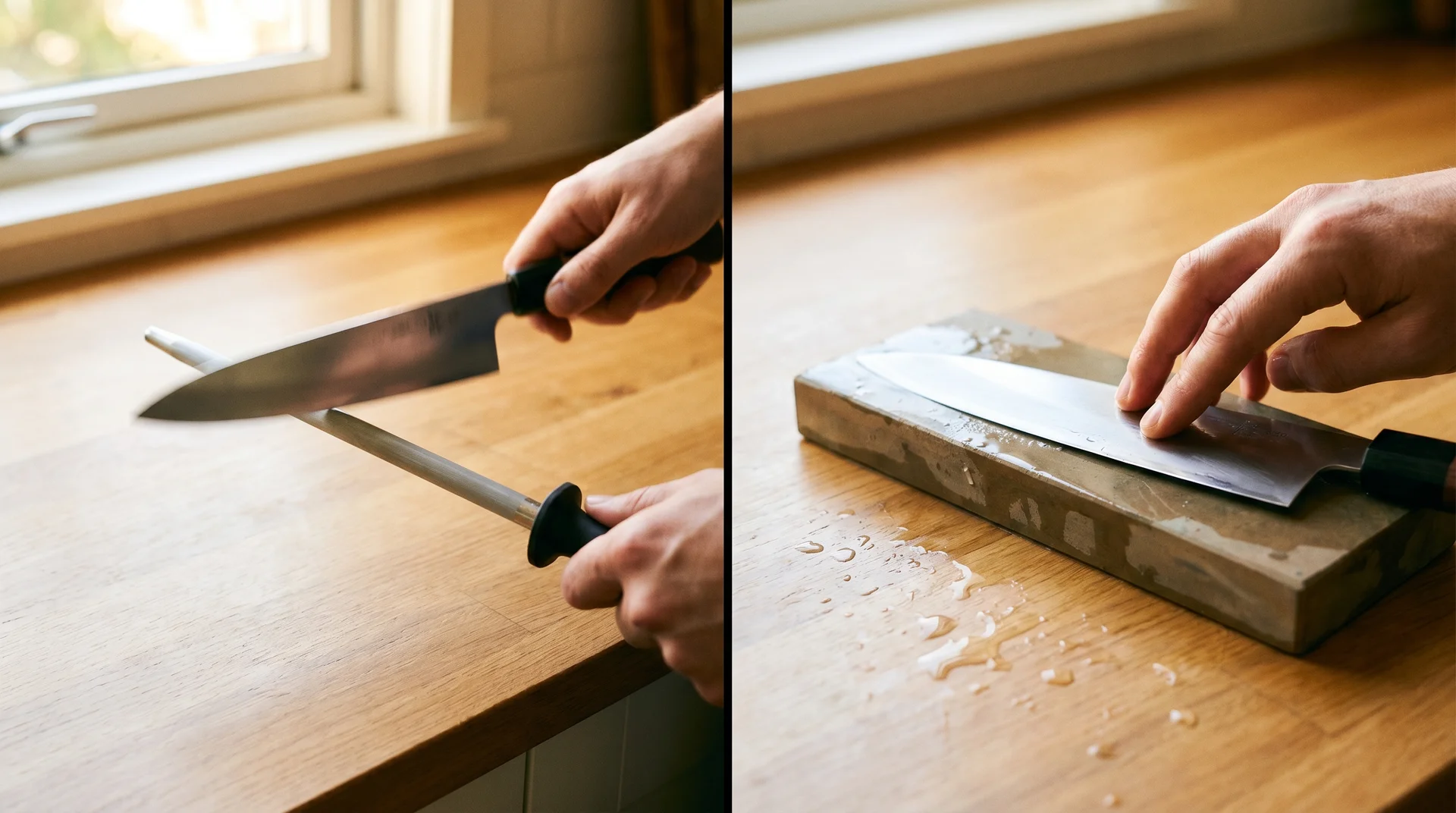 honing rod vs whetstone showing the difference between honing and sharpening a knife