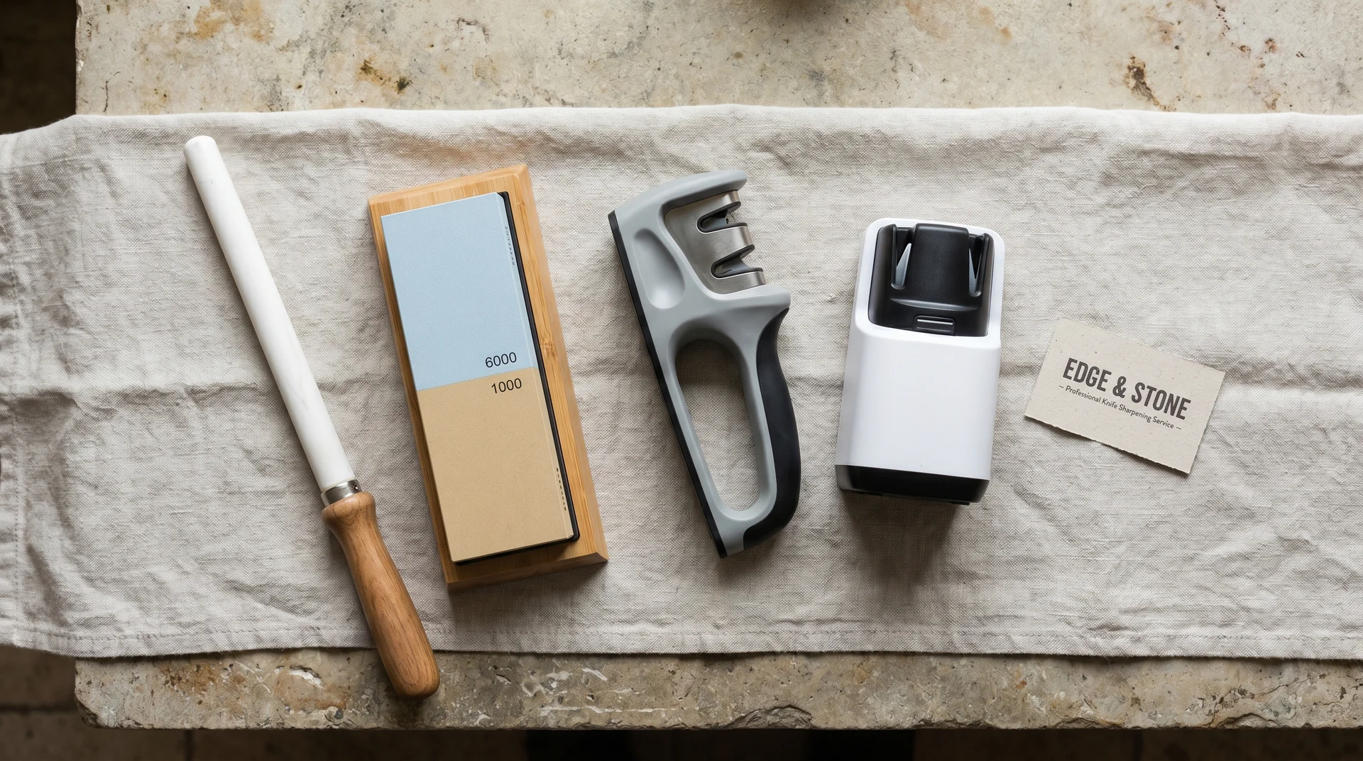 kitchen knife sharpening tools including honing rod whetstone pull-through and electric sharpener