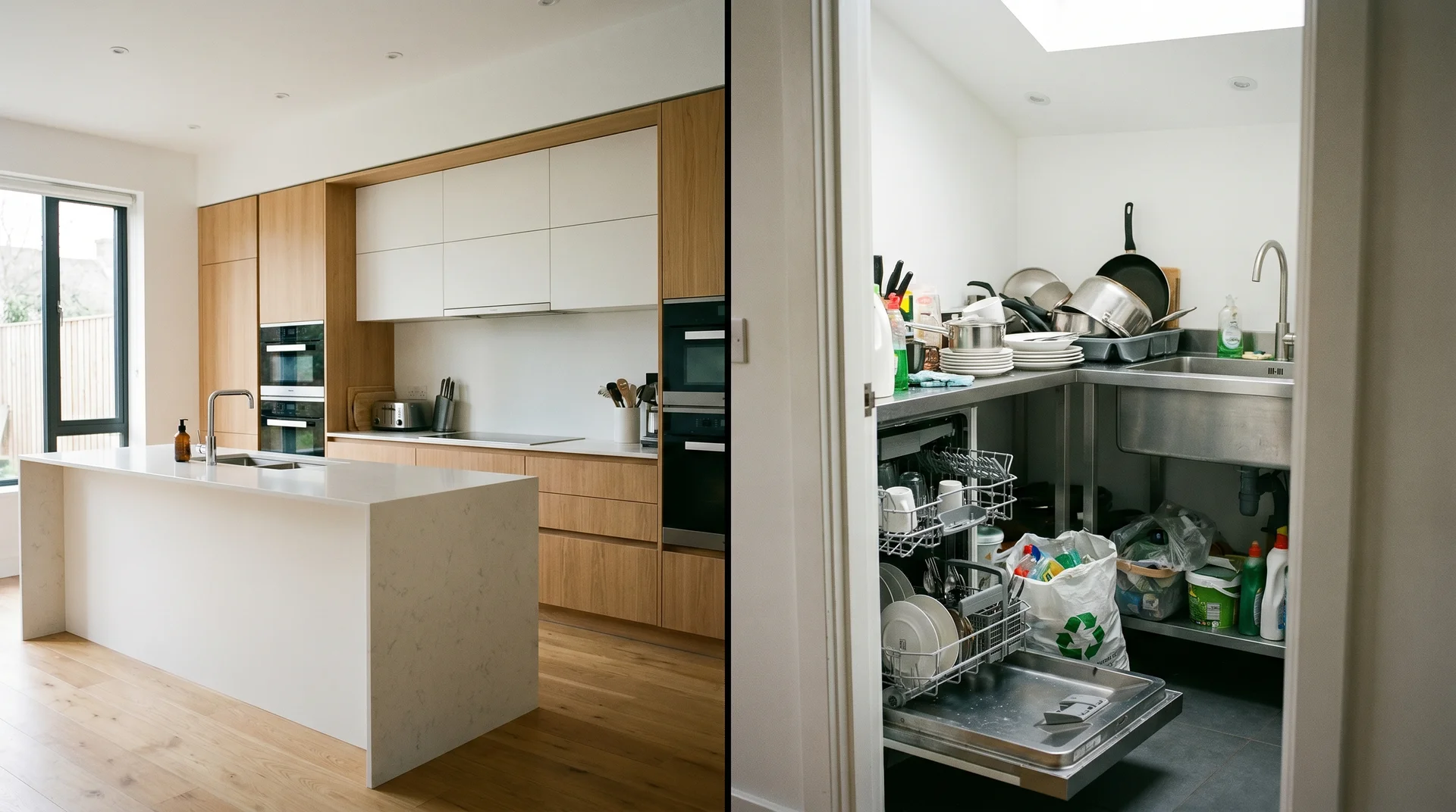 open plan kitchen with scullery doorway showing appliance overflow and dishwashing space