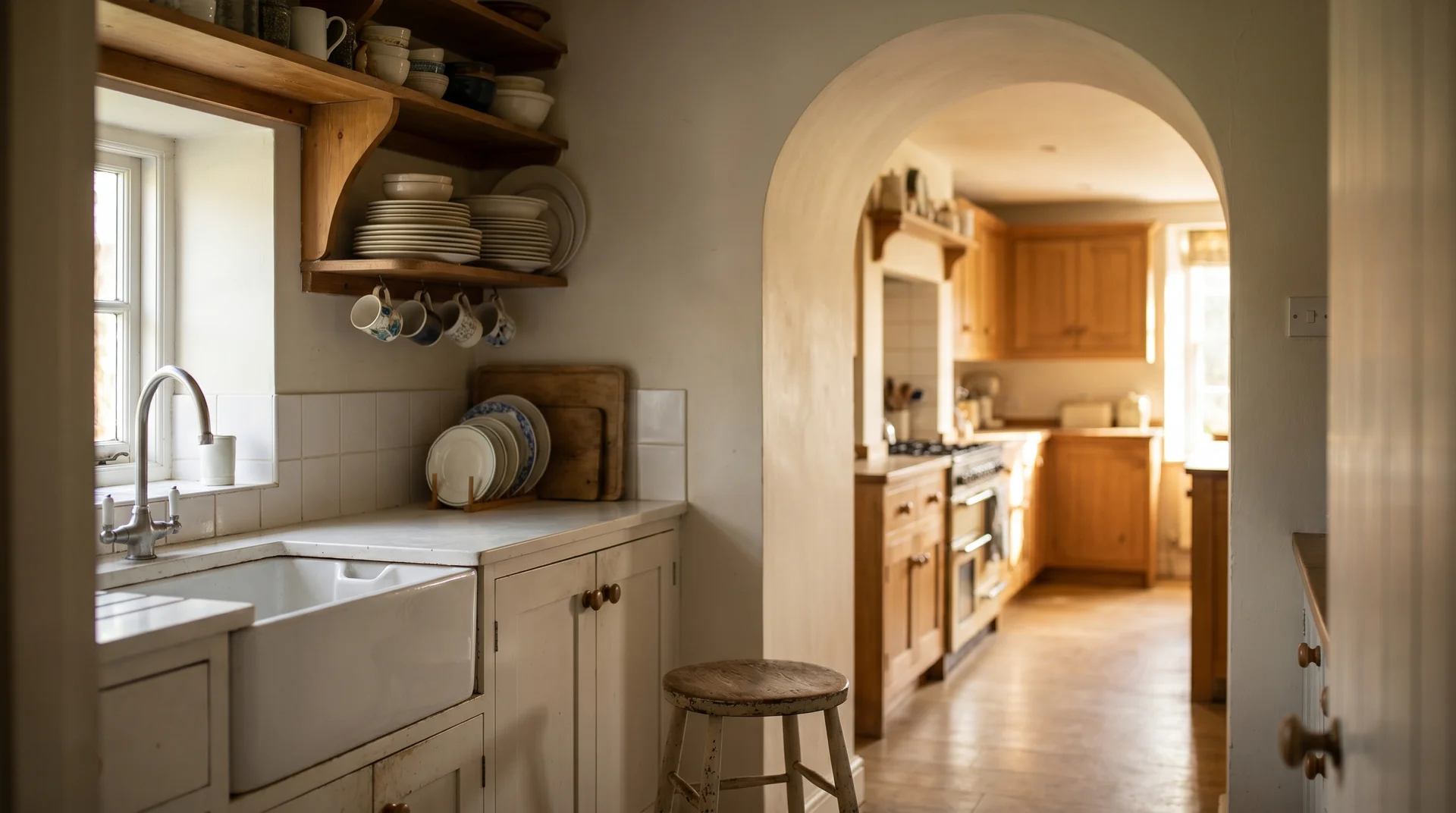 scullery kitchen opening off main kitchen with farmhouse sink and open shelving
