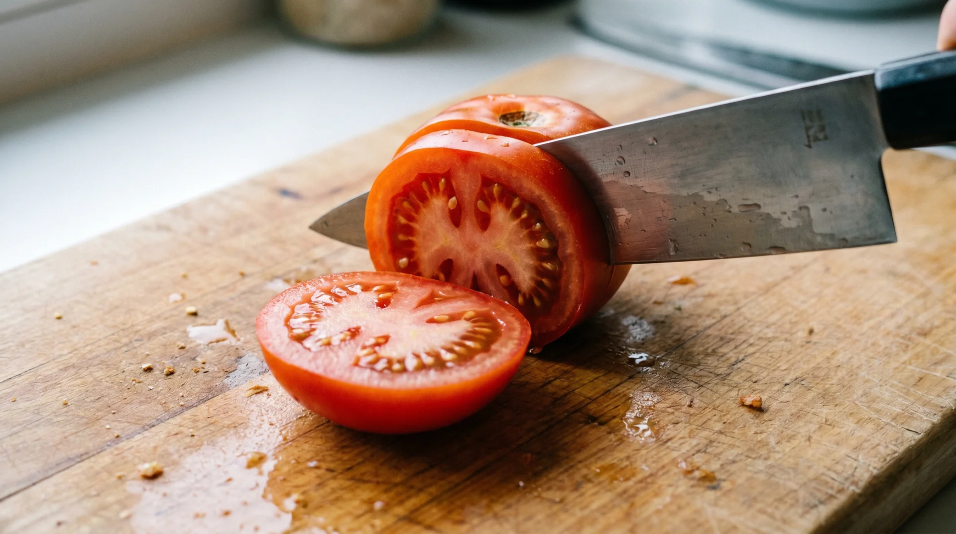 sharp kitchen knife slicing cleanly through a tomato demonstrating proper knife sharpness