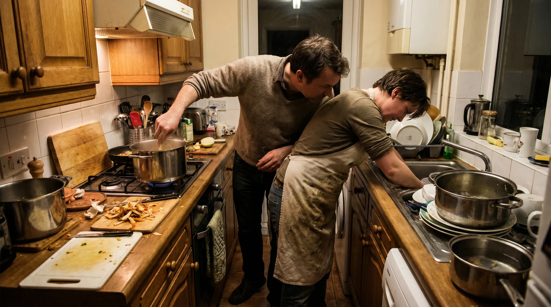 two people sharing one kitchen sink during dinner prep with no counter space available