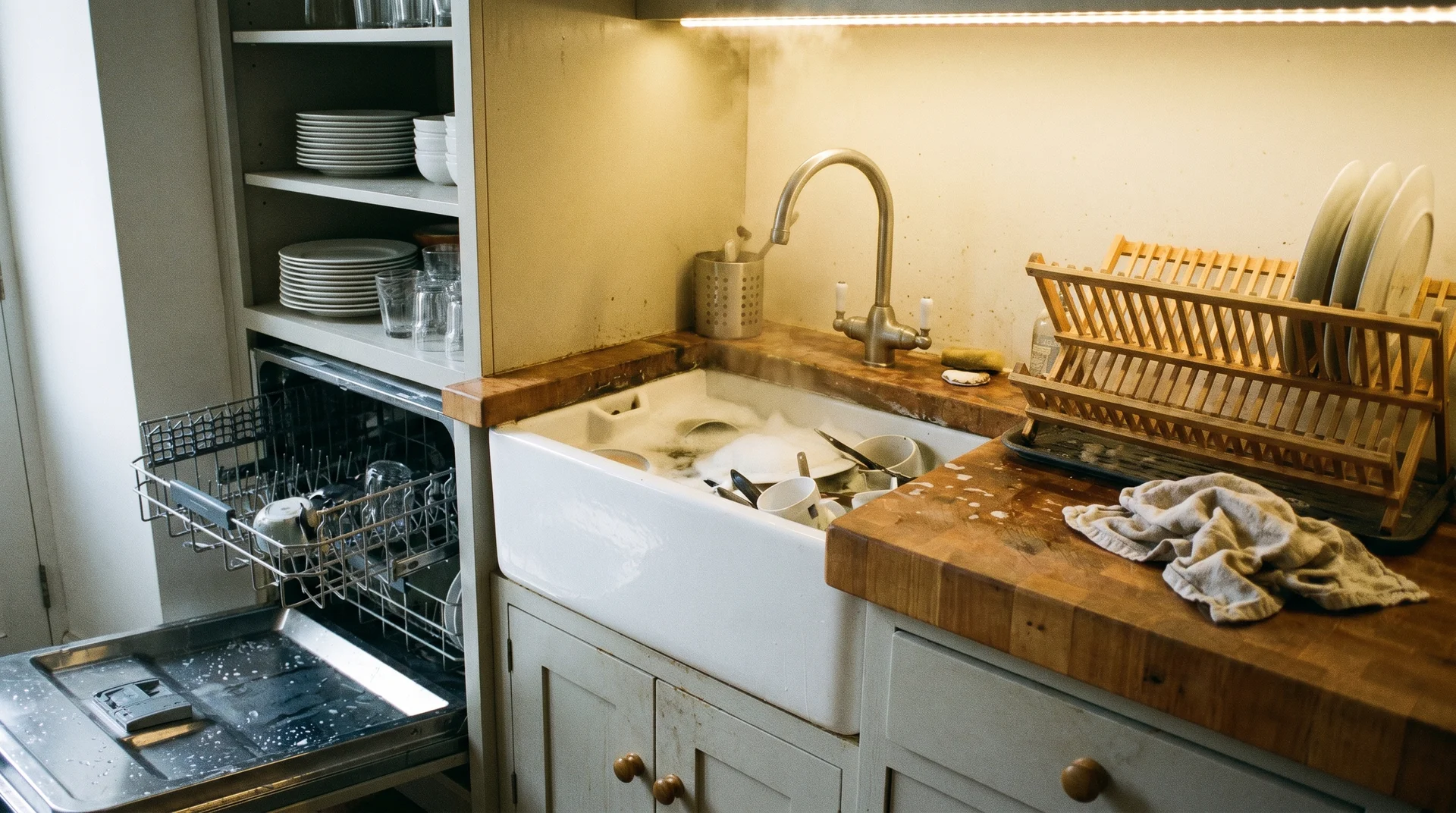 working scullery sink and dishwasher with counter space and open shelving for everyday dishes